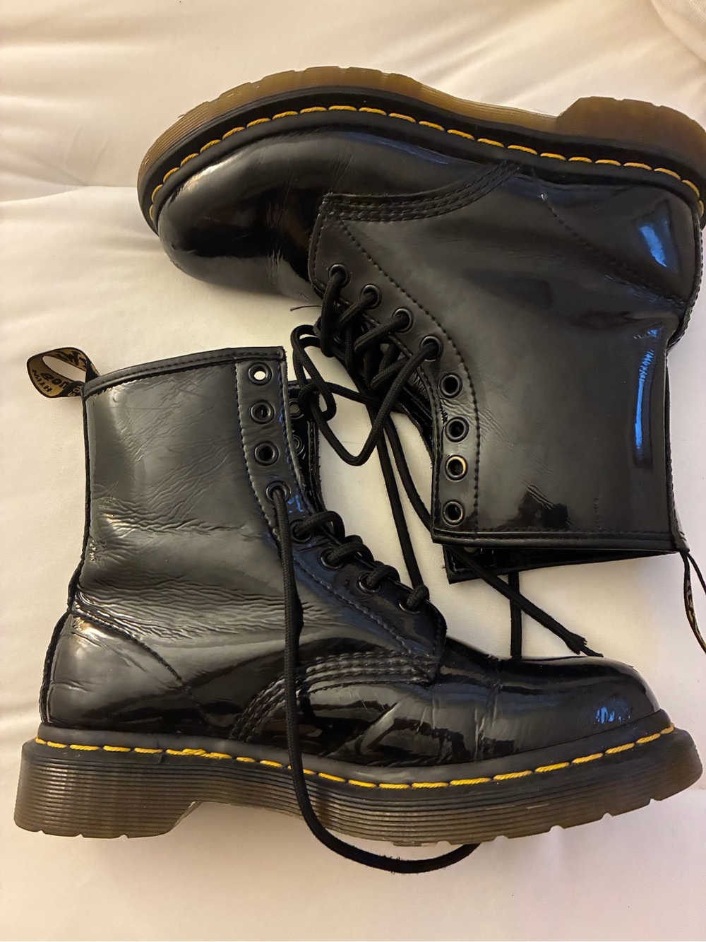 Dr. Martens Black Patent Leather Lace-Up Boots with Tan Insole